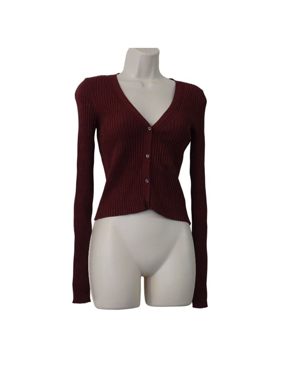 H&M Ribbed Burgundy Long Sleeve V-Neck Button Up Cardigan Women Size XS Fall
